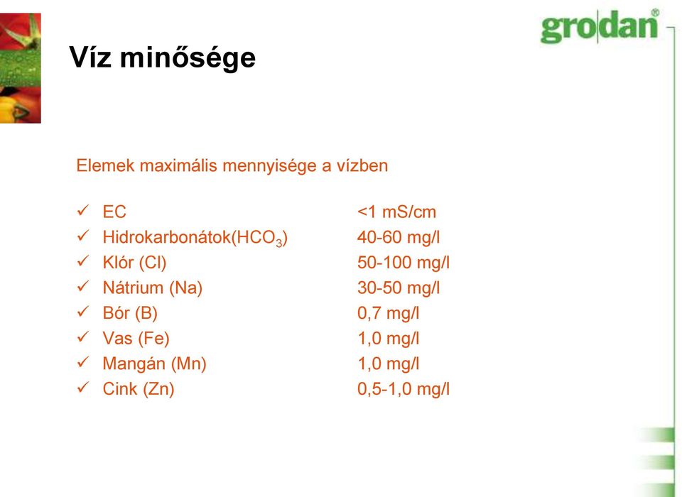 Vas (Fe) Mangán (Mn) Cink (Zn) <1 ms/cm 40-60 mg/l