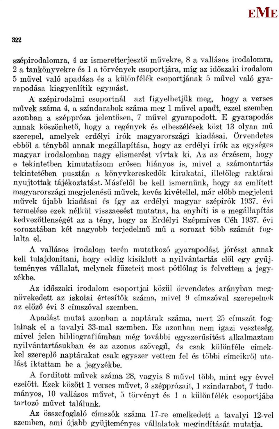 A szépirodalmi csoportnál azt figyelhetjük meg, hogy a verses művek száma 4, a színdarabok száma meg 1 miivel apadt, ezzel szemben azonban a széppróza jelentősen, 7 művel gyarapodott.