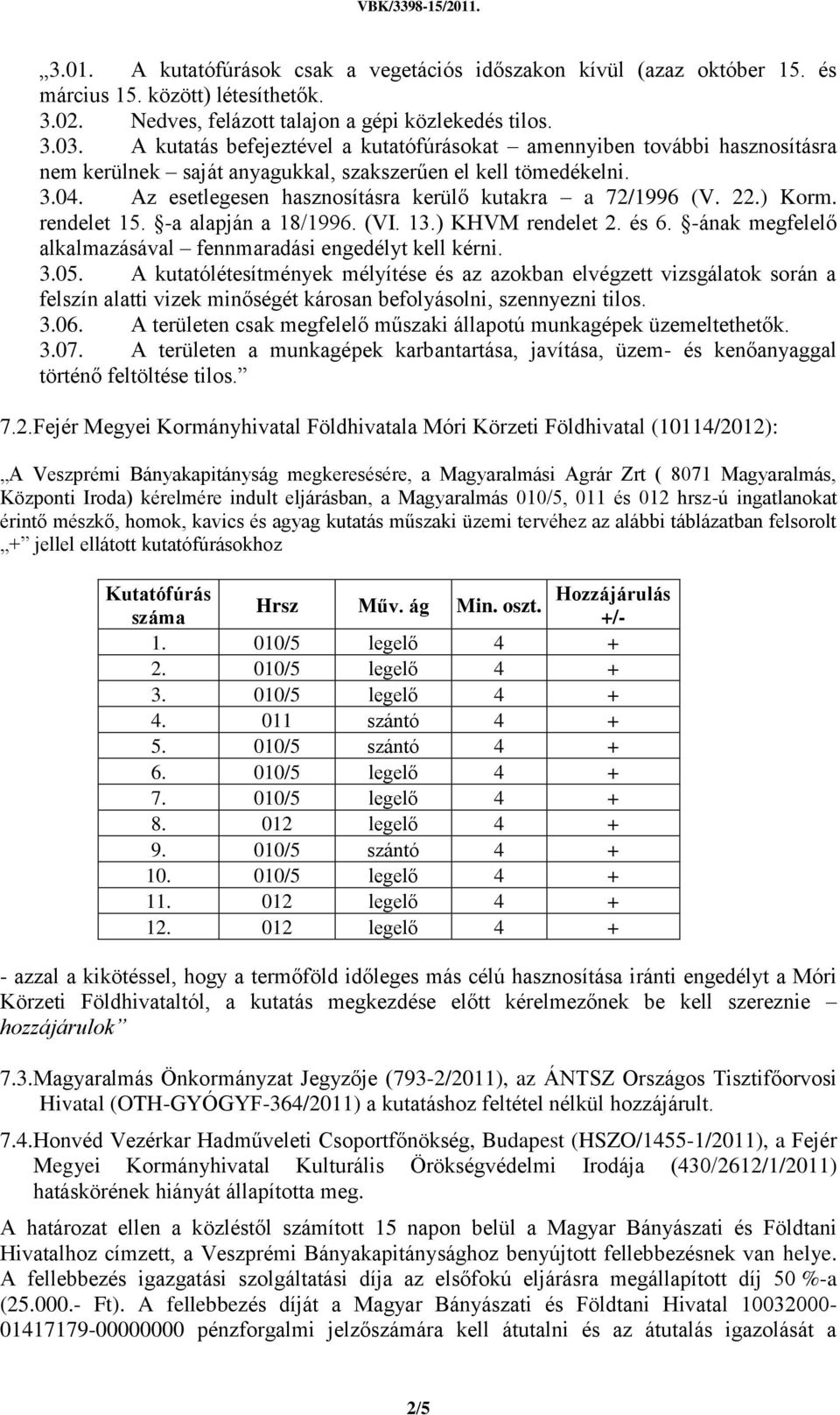 Az esetlegesen hasznosításra kerülő kutakra a 72/1996 (V. 22.) Korm. rendelet 15. -a alapján a 18/1996. (VI. 13.) KHVM rendelet 2. és 6.