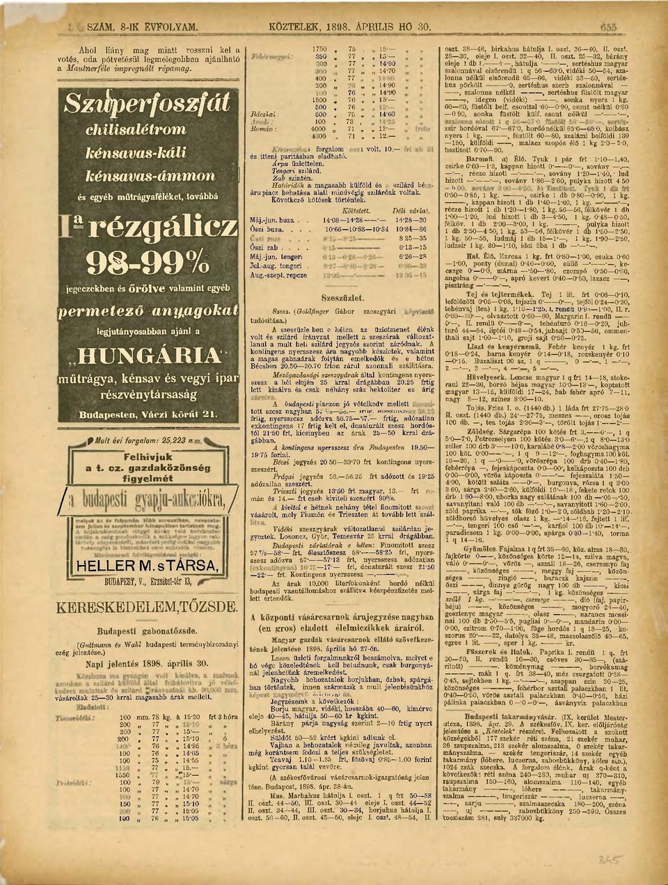 HUNGÁRIA műtrágya, kénsav és vegyi ipar részvénytársaság L Budapesten, Váezi körút 21. 9Múlt évi forgalom: 25,223 m Felhívjuk a t. cz. gazdakőzőnség fágyebmét ; i r a, / HELLER M. stársa, BUDAPEST, V.