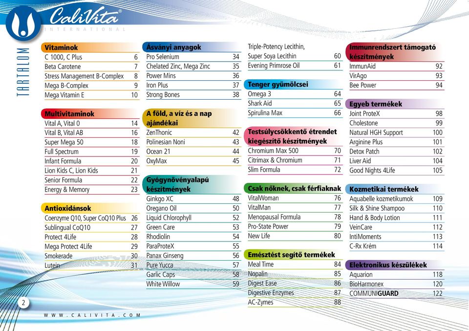 Smokerade 30 Lutein 31 Ásványi anyagok Pro Selenium 34 Chelated Zinc, Mega Zinc 35 Power Mins 36 Iron Plus 37 Strong Bones 38 A föld, a víz és a nap ajándékai ZenThonic 42 Polinesian Noni 43 Ocean 21