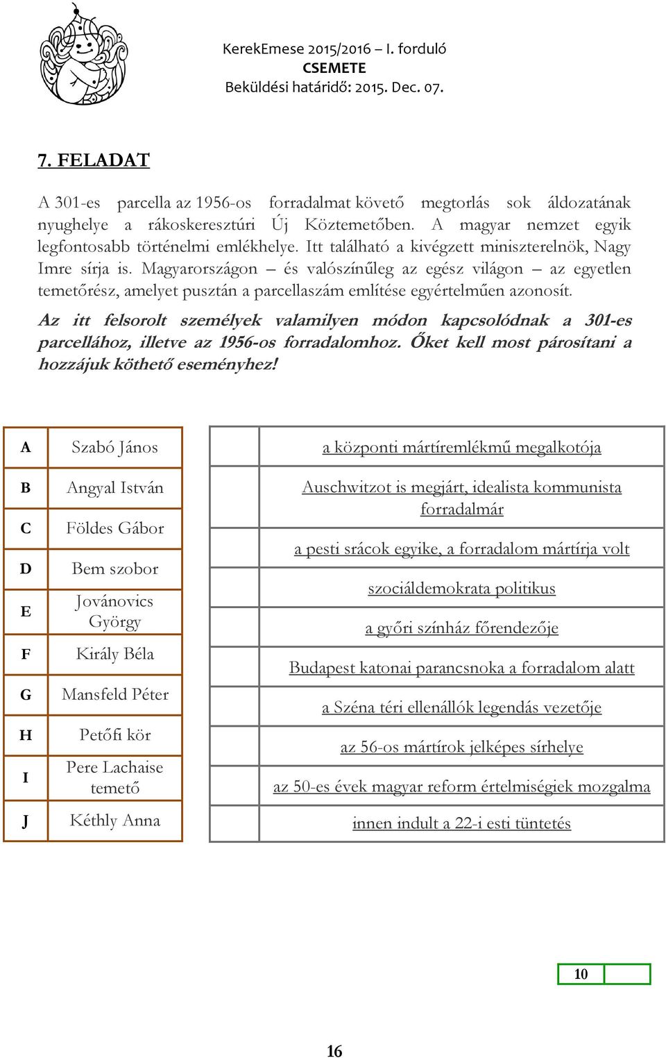 Az itt felsorolt személyek valamilyen módon kapcsolódnak a 301-es parcellához, illetve az 1956-os forradalomhoz. Őket kell most párosítani a hozzájuk köthető eseményhez!