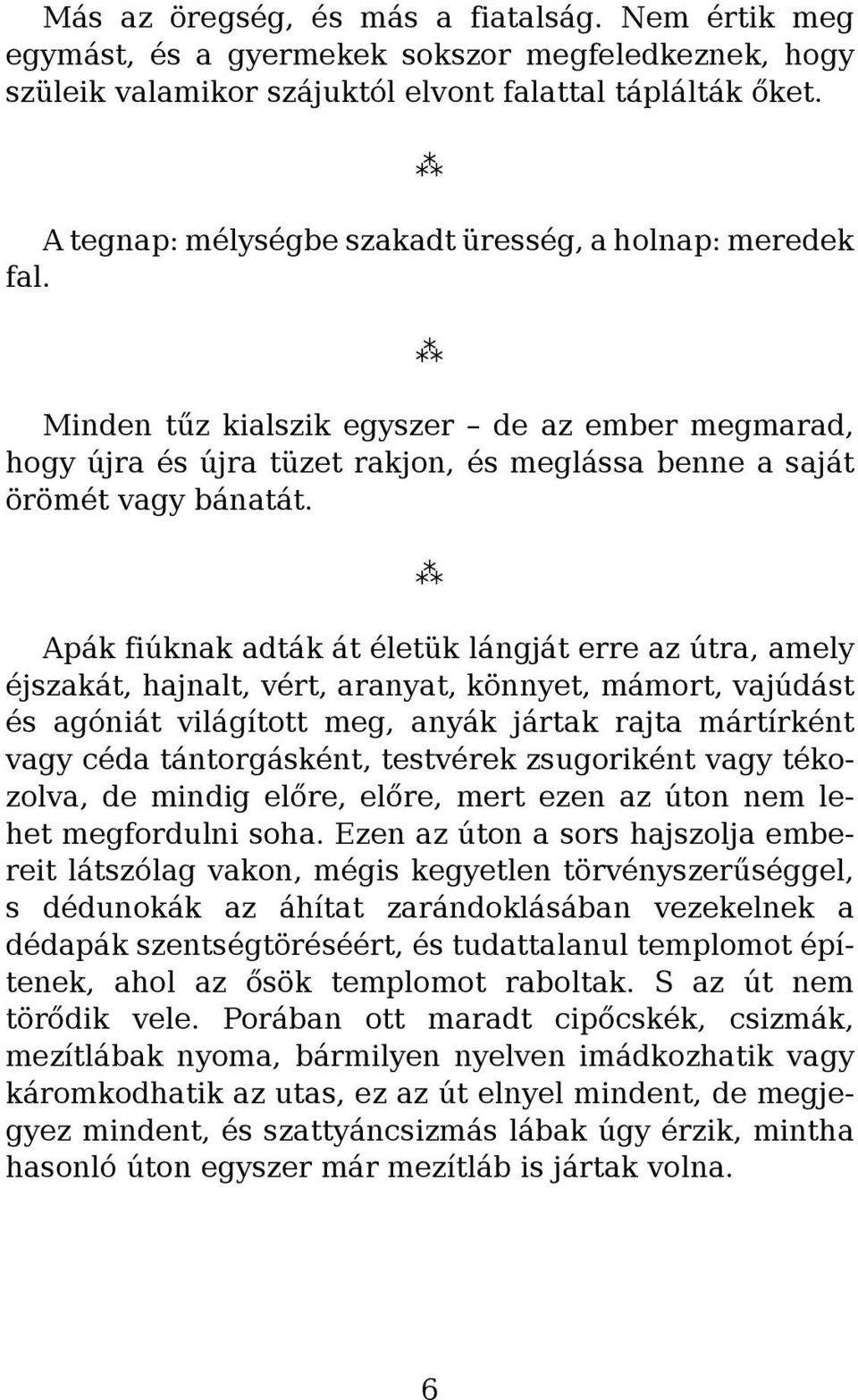 Apák fiúknak adták át életük lángját erre az útra, amely éjszakát, hajnalt, vért, aranyat, könnyet, mámort, vajúdást és agóniát világított meg, anyák jártak rajta mártírként vagy céda tántorgásként,