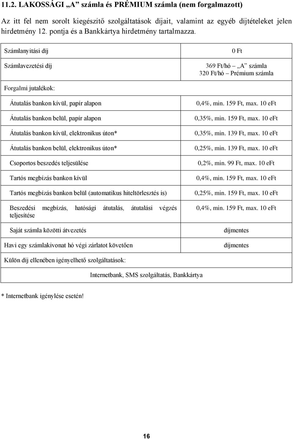 369 Ft/hó A számla 32/hó Prémium számla Átutalás bankon kívül, elektronikus úton* Átutalás bankon belül,