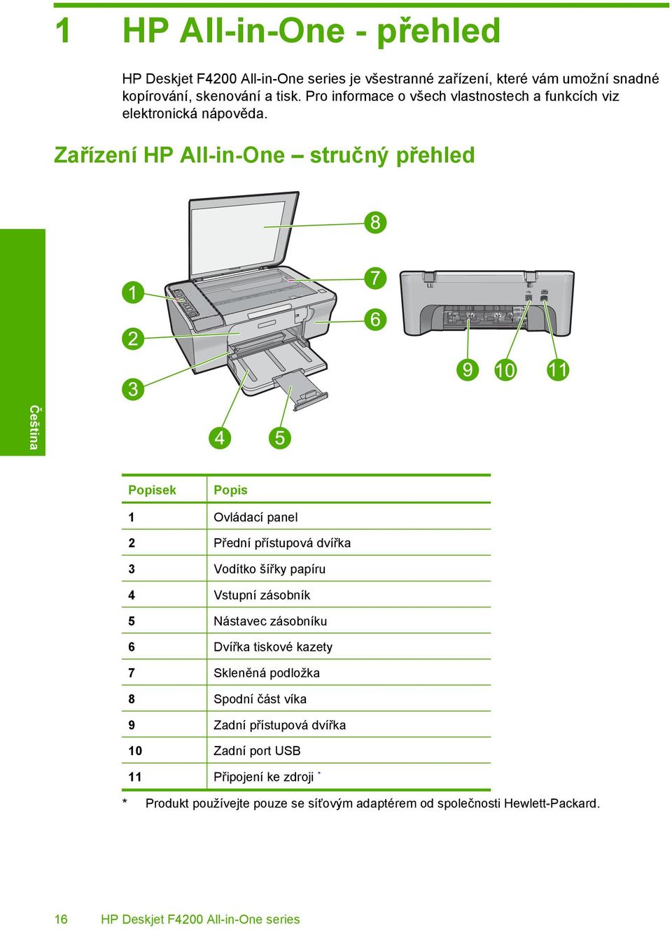 Zařízení HP All-in-One stručný přehled Popisek Popis 1 Ovládací panel 2 Přední přístupová dvířka 3 Vodítko šířky papíru 4 Vstupní zásobník 5 Nástavec