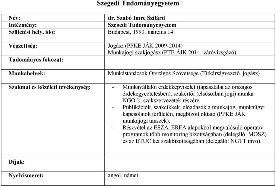 közéleti tevékenység: - Munkavállalói érdekképviselet (tapasztalat az országos érdekegyeztetésben), szakértői (elsősorban jogi) munka NGO-k, szakszervezetek részére.