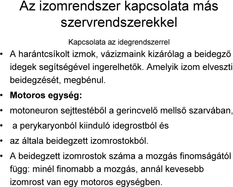 Motoros egység: motoneuron sejttestébıl a gerincvelı mellsı szarvában, a perykaryonból kiinduló idegrostból és az általa