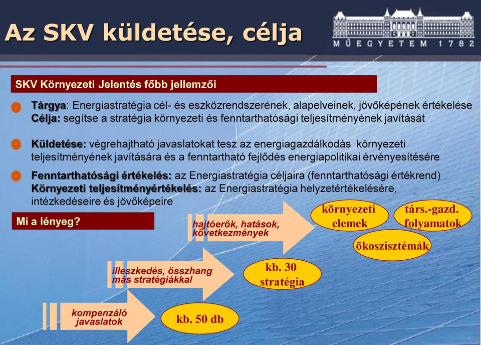 érvényesítésére Fenntarthatósági értékelés: az Energiastratégia céljaira (fenntarthatósági értékrend) Környezeti teljesítményértékelés: az Energiastratégia helyzetértékelésére, intézkedéseire és