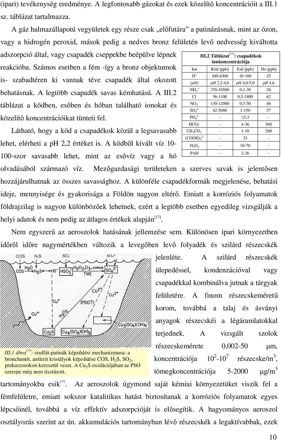 csapadék cseppekbe beépülve lépnek reakcióba. Számos esetben a fém -így a bronz objektumok is- szabadtéren ki vannak téve csapadék által okozott behatásnak. A legtöbb csapadék savas kémhatású. A III.