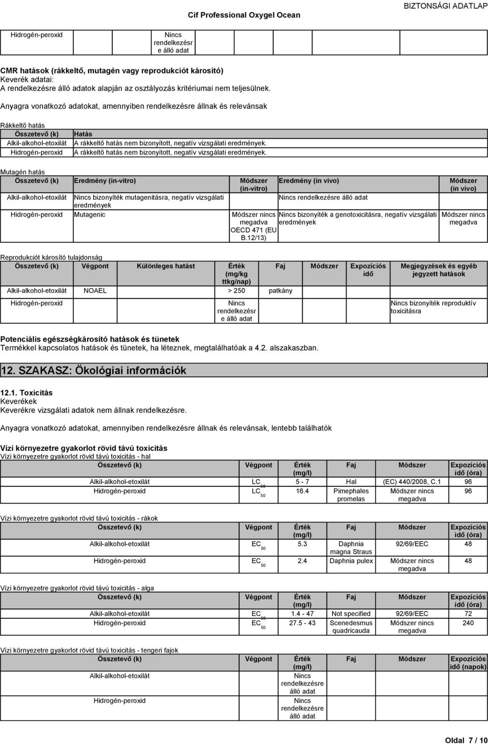 Arákkeltőhatásnem bizonyítot,negatívvizsgálatieredmények. Mutagén hatás Eredmény (in-vitro) Módszer (in-vitro) bizonyíték mutagenitásra, negatív vizsgálati eredmények Mutagenic OECD 471 (EU B.