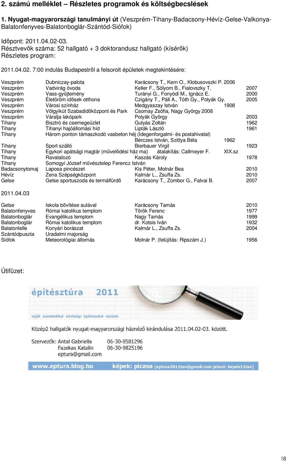 Résztvevők száma: 52 hallgató + 3 doktorandusz hallgató (kísérők) Részletes program: 2011.04.02. 7:00 indulás Budapestről a felsorolt épületek megtekintésére: Veszprém Dubniczay-palota Karácsony T.