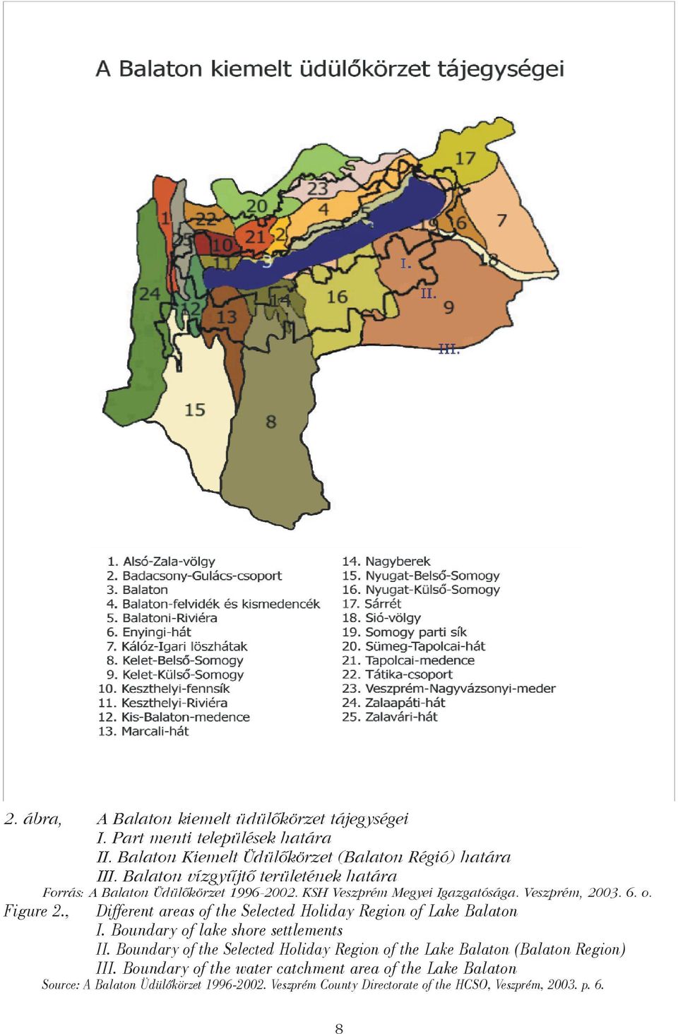 , Different areas of the Selected Holiday Region of Lake Balaton I. Boundary of lake shore settlements II.