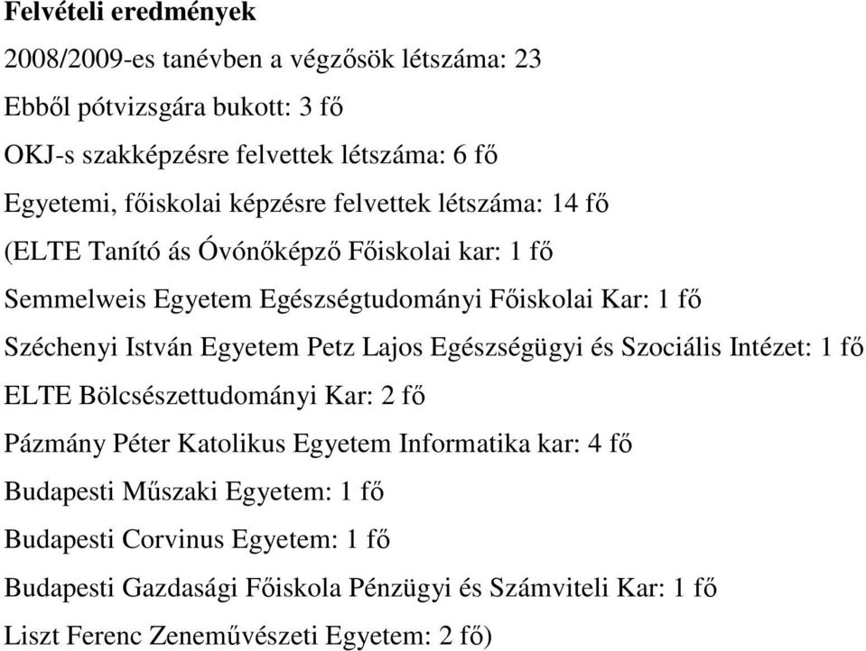 István Egyetem Petz Lajos Egészségügyi és Szociális Intézet: 1 fı ELTE Bölcsészettudományi Kar: 2 fı Pázmány Péter Katolikus Egyetem Informatika kar: 4 fı