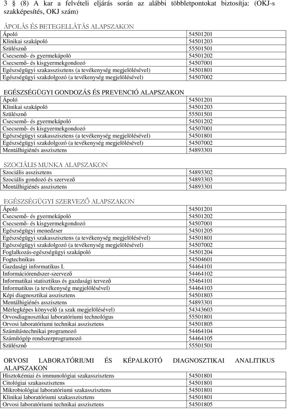 megjelölésével) 54507002 EGÉSZSÉGÜGYI GONDOZÁS ÉS PREVENCIÓ ALAPSZAKON Ápoló 54501201 Klinikai szakápoló 54501203 Szülésznő  megjelölésével) 54507002 Mentálhigiénés asszisztens 54893301 SZOCIÁLIS