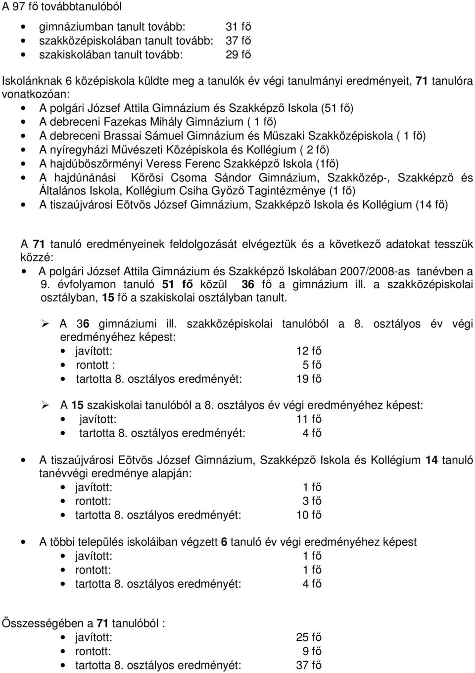 Szakközépiskola ( 1 fı) A nyíregyházi Mővészeti Középiskola és Kollégium ( 2 fı) A hajdúböszörményi Veress Ferenc Szakképzı Iskola (1fı) A hajdúnánási Kırösi Csoma Sándor Gimnázium, Szakközép-,