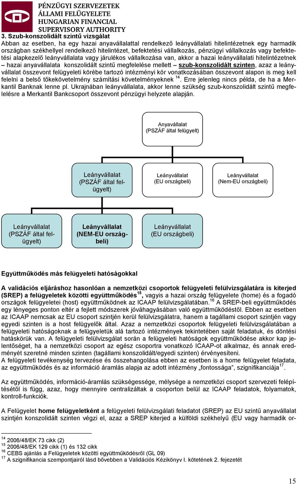 megfelelése mellett szub-konszolidált szinten, azaz a leányvállalat összevont felügyeleti körébe tartozó intézményi kör vonatkozásában összevont alapon is meg kell felelni a belső tőkekövetelmény