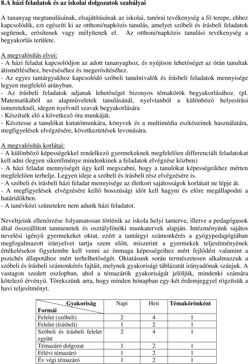 A megvalósítás elvei: - A házi feladat kapcsolódjon az adott tananyaghoz, és nyújtson lehetőséget az órán tanultak átismétléséhez, bevéséséhez és megerősítéséhez.