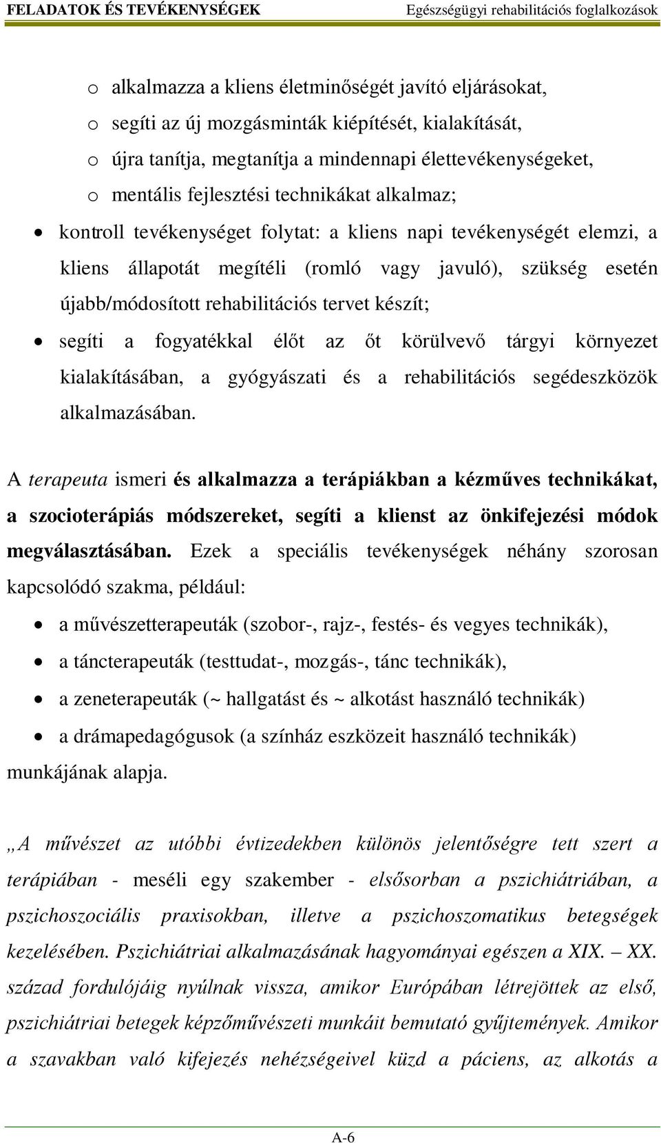 rehabilitációs tervet készít; segíti a fogyatékkal élőt az őt körülvevő tárgyi környezet kialakításában, a gyógyászati és a rehabilitációs segédeszközök alkalmazásában.