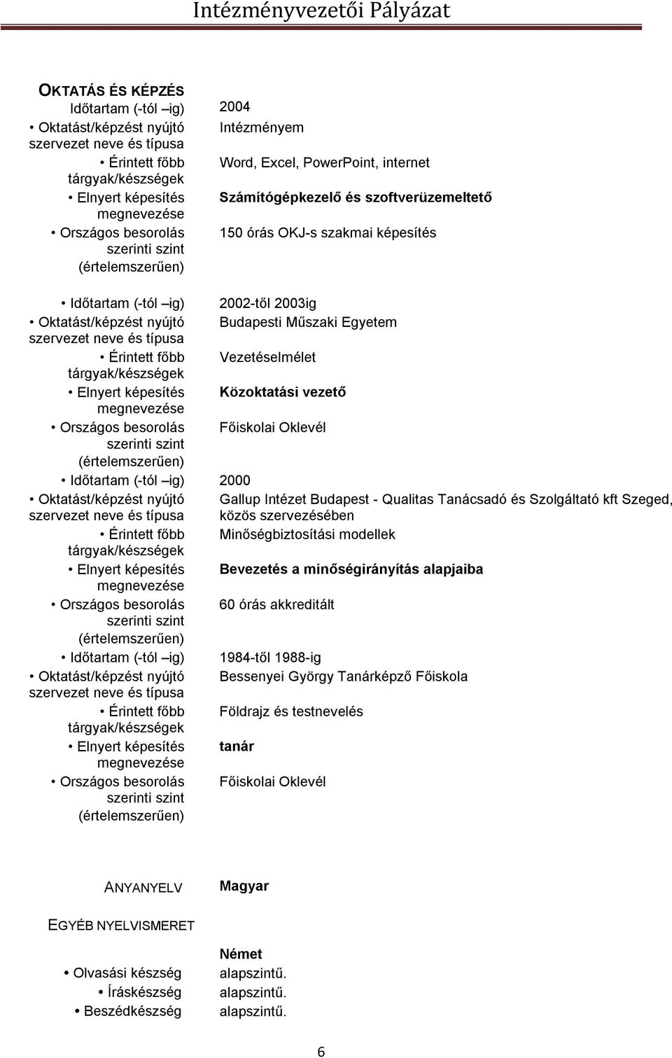 Országos besorolás Főiskolai Oklevél Időtartam (-tól ig) 2000 Oktatást/képzést nyújtó Gallup Intézet Budapest - Qualitas Tanácsadó és Szolgáltató kft Szeged, közös szervezésében Érintett főbb