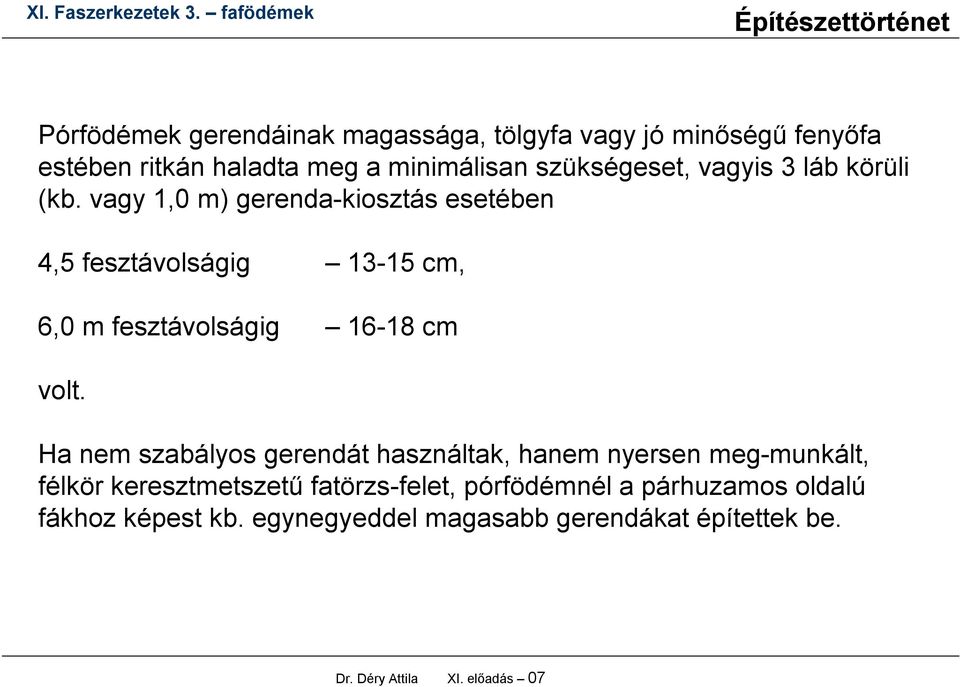 vagy 1,0 m) gerenda-kiosztás esetében 4,5 fesztávolságig 13-15 cm, 6,0 m fesztávolságig 16-18 cm volt.