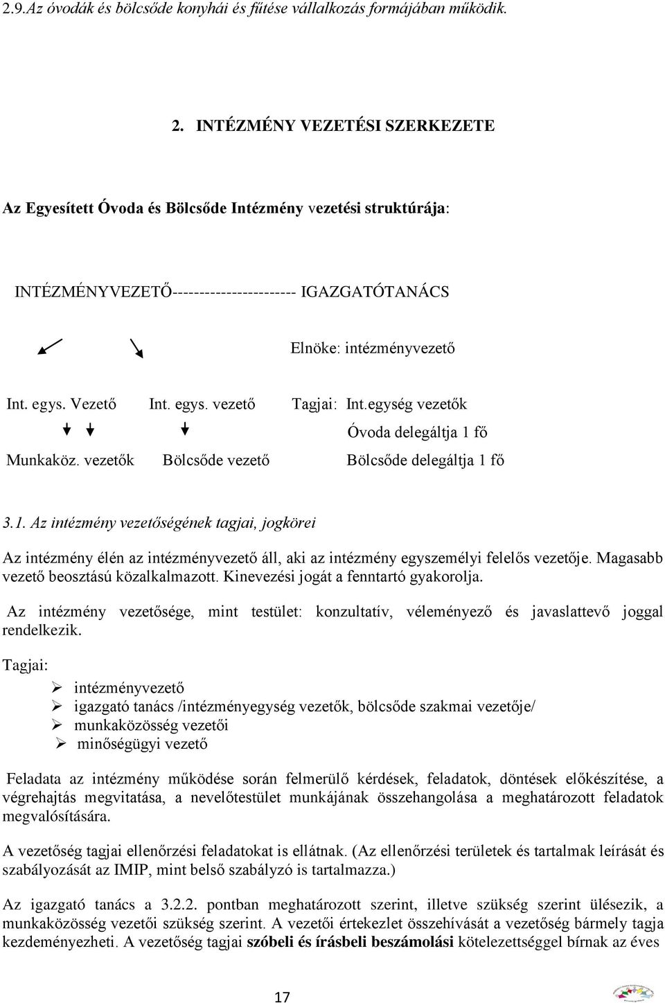 Vezető Int. egys. vezető Tagjai: Int.egység vezetők Óvoda delegáltja 1 