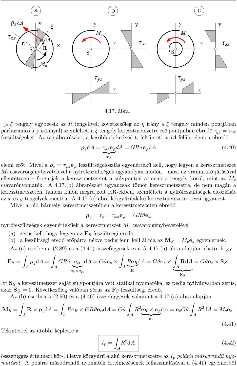feszültségeket. z (a) ábrarészlet, a későbbiek kedvéért, feltünteti a d felületelemen ébredő ρ z d τ ϕz e ϕ } {{ } d GRϑe ϕ d (4.40) τ z elemi erőt.