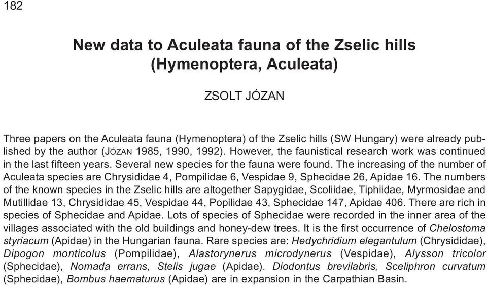 The increasing of the number of Aculeata species are Chrysididae 4, Pompilidae 6, Vespidae 9, Sphecidae 26, Apidae 16.
