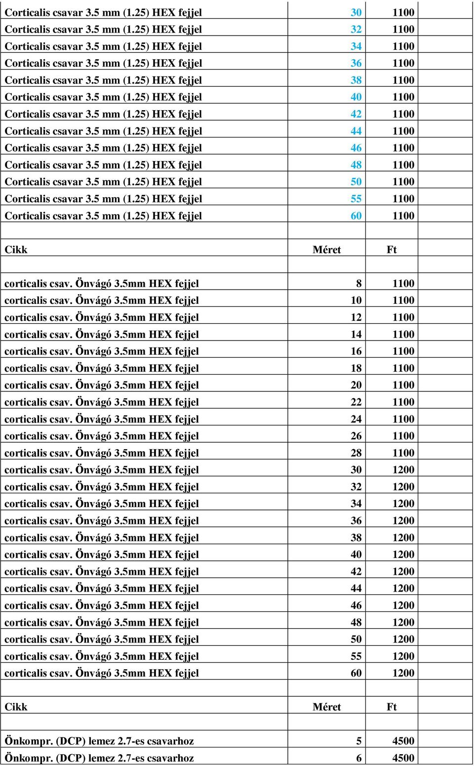 5 mm (1.25) HEX fejjel 46 1100 Corticalis csavar 3.5 mm (1.25) HEX fejjel 48 1100 Corticalis csavar 3.5 mm (1.25) HEX fejjel 50 1100 Corticalis csavar 3.5 mm (1.25) HEX fejjel 55 1100 Corticalis csavar 3.