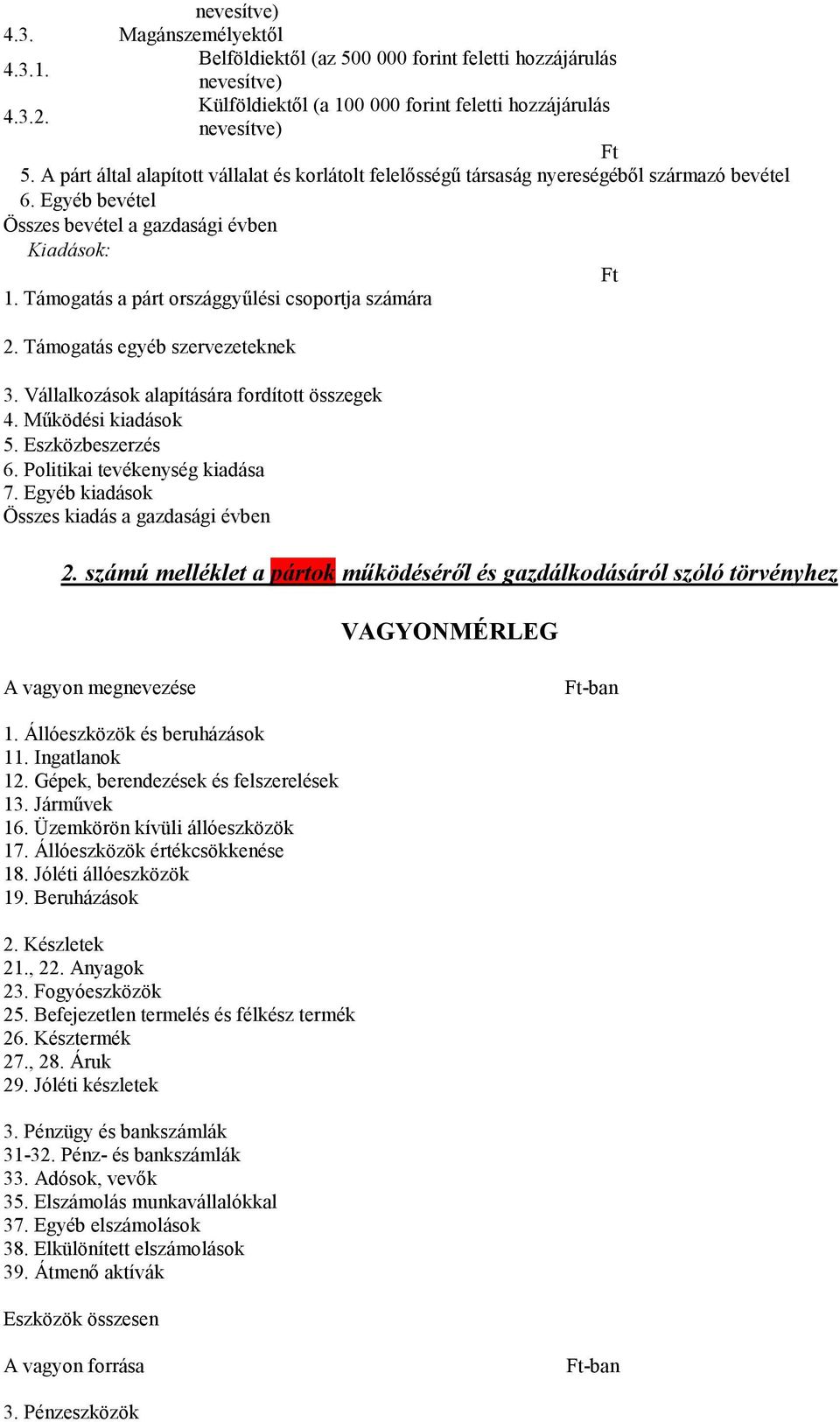 Támogatás a párt országgyűlési csoportja számára 2. Támogatás egyéb szervezeteknek 3. Vállalkozások alapítására fordított összegek 4. Működési kiadások 5. Eszközbeszerzés 6.