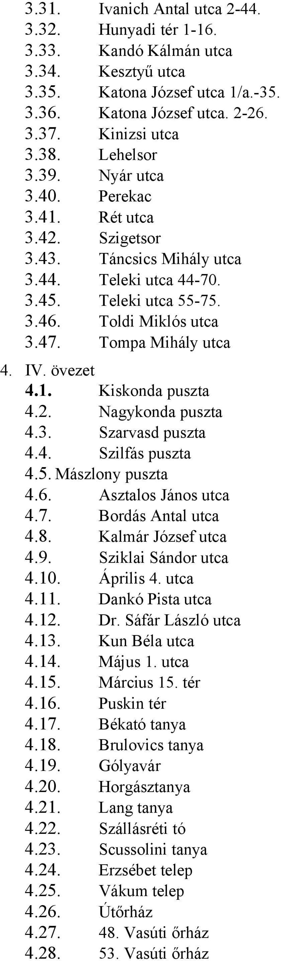 1. Kiskonda puszta 4.2. Nagykonda puszta 4.3. Szarvasd puszta 4.4. Szilfás puszta 4.5. Mászlony puszta 4.6. Asztalos János utca 4.7. Bordás Antal utca 4.8. Kalmár József utca 4.9.