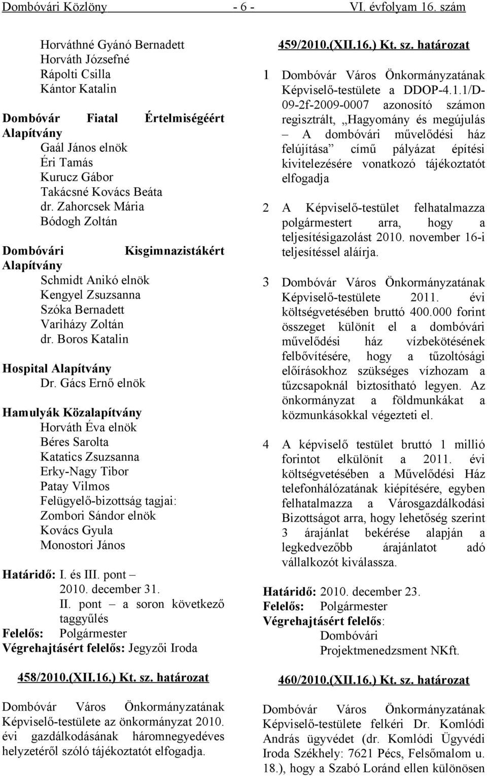 Zahorcsek Mária Bódogh Zoltán Dombóvári Kisgimnazistákért Alapítvány Schmidt Anikó elnök Kengyel Zsuzsanna Szóka Bernadett Variházy Zoltán dr. Boros Katalin Hospital Alapítvány Dr.