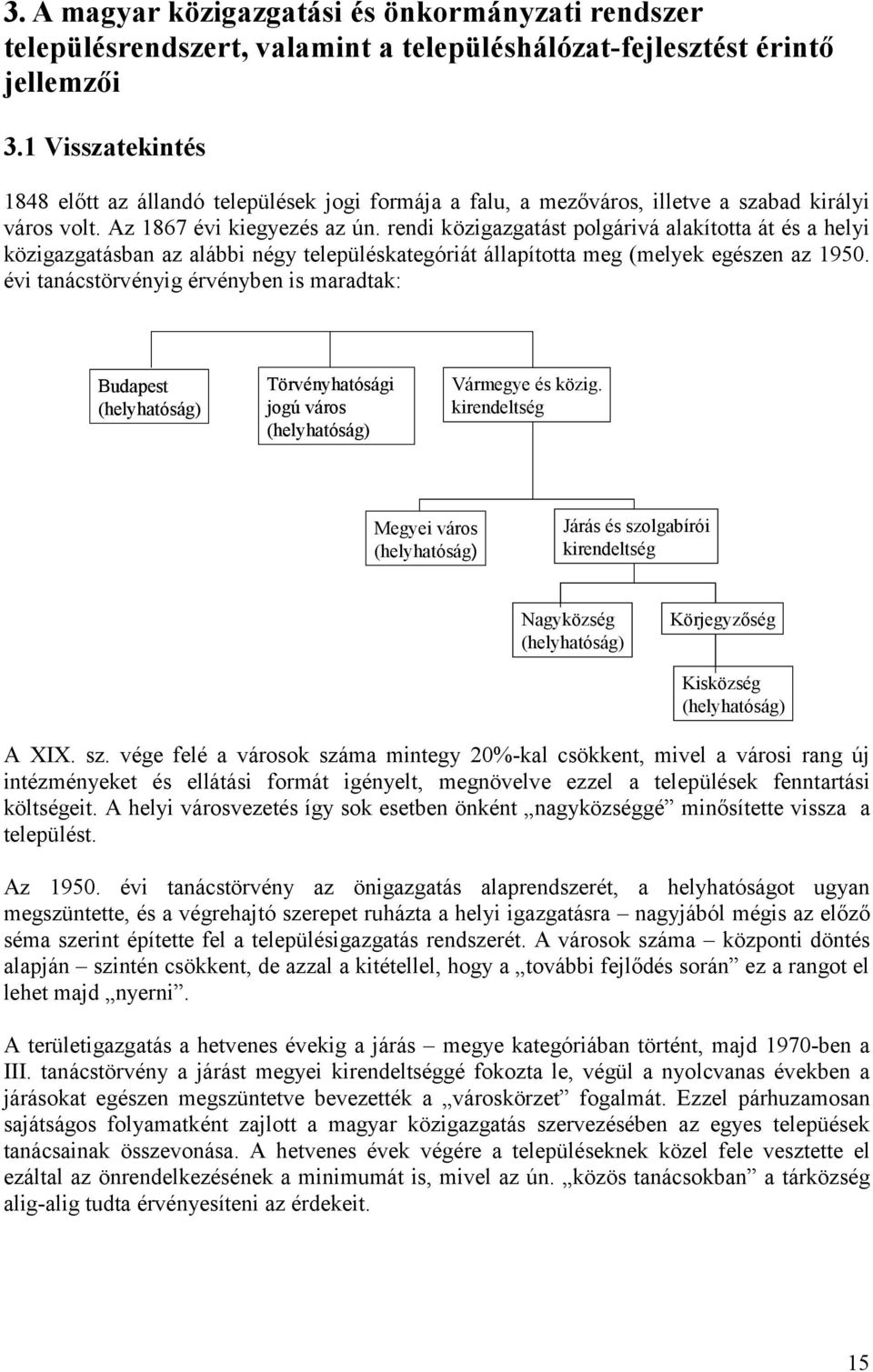 rendi közigazgatást polgárivá alakította át és a helyi közigazgatásban az alábbi négy településkategóriát állapította meg (melyek egészen az 1950.