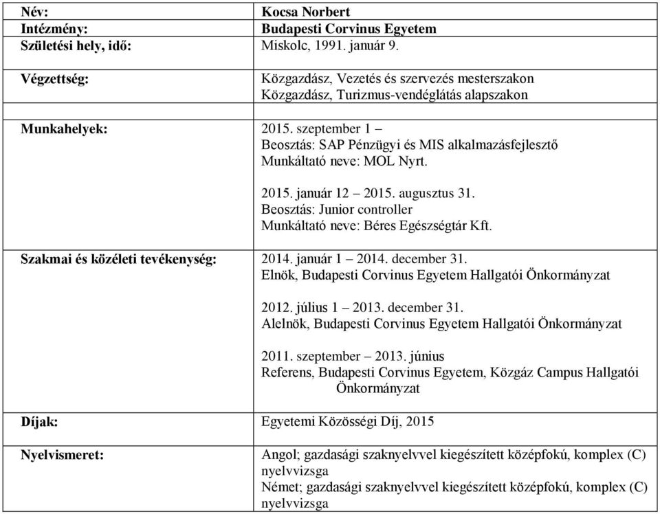 Szakmai és közéleti tevékenység: 2014. január 1 2014. december 31. Elnök, Hallgatói Önkormányzat Díjak: Egyetemi Közösségi Díj, 2015 2012. július 1 2013. december 31. Alelnök, Hallgatói Önkormányzat 2011.