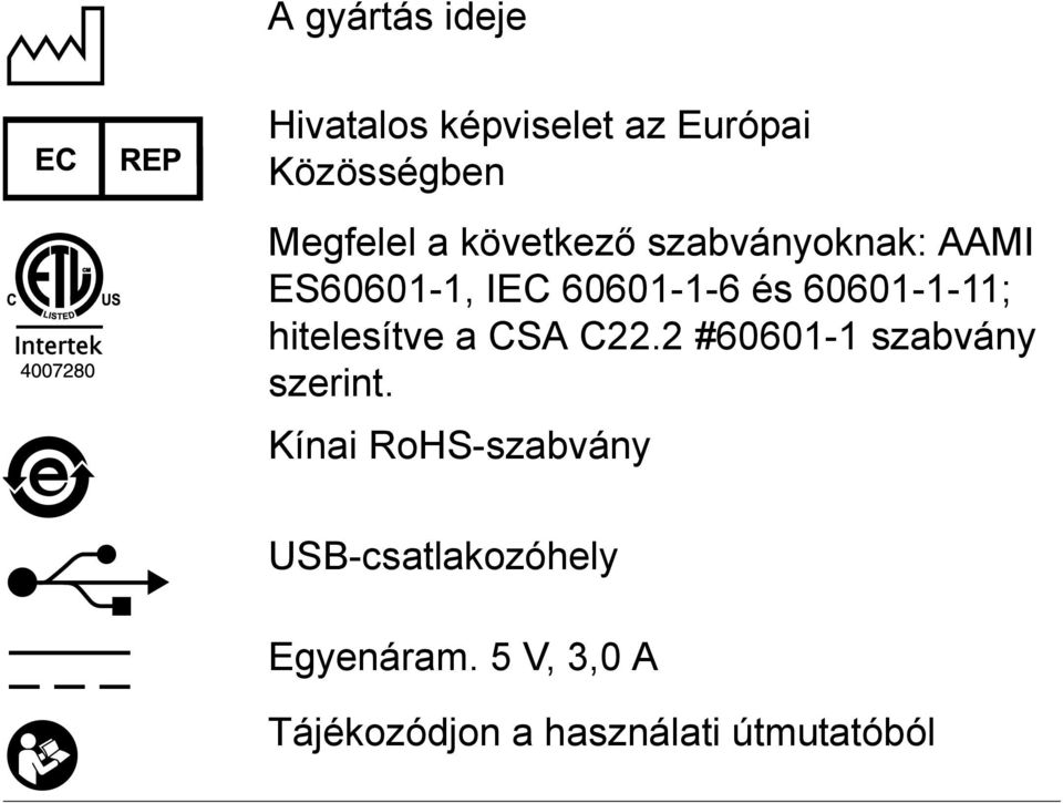 hitelesítve a CSA C22.2 #60601-1 szabvány szerint.