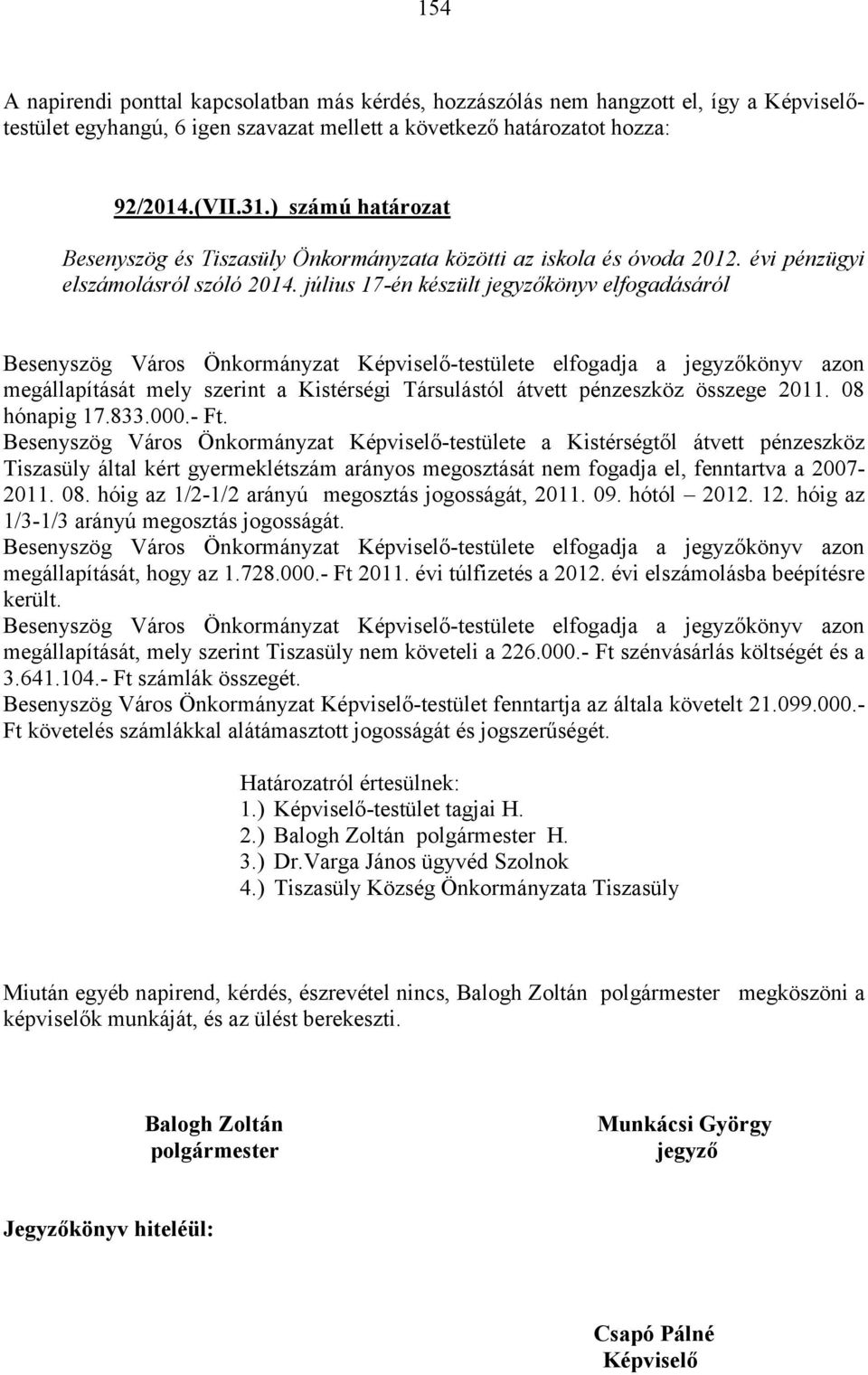 július 17-én készült jegyzőkönyv elfogadásáról Besenyszög Város Önkormányzat Képviselő-testülete elfogadja a jegyzőkönyv azon megállapítását mely szerint a Kistérségi Társulástól átvett pénzeszköz