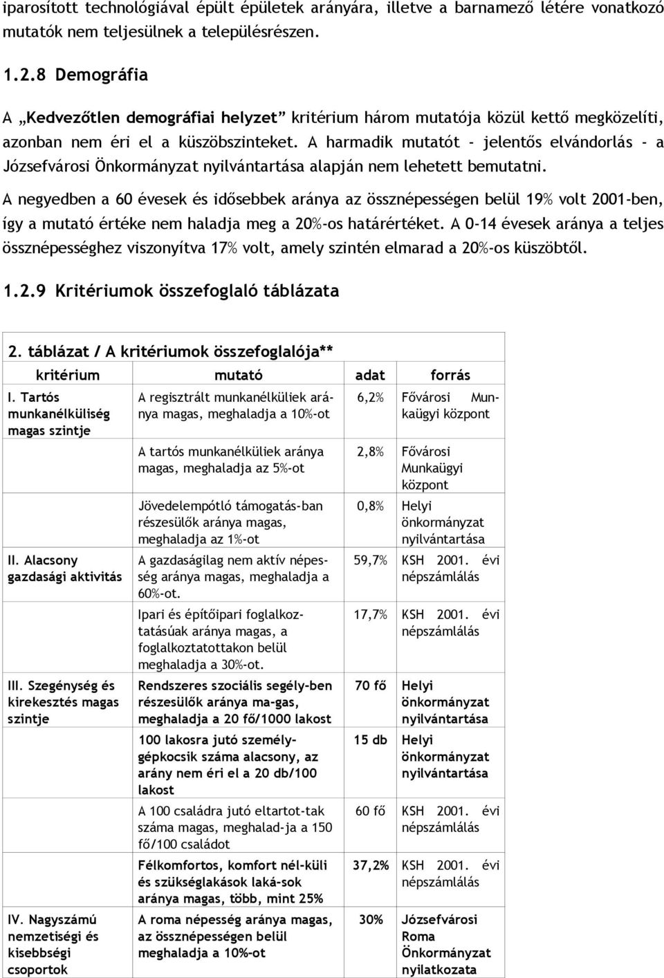 A harmadik mutatót - jelentős elvándorlás - a Józsefvárosi Önkormányzat nyilvántartása alapján nem lehetett bemutatni.