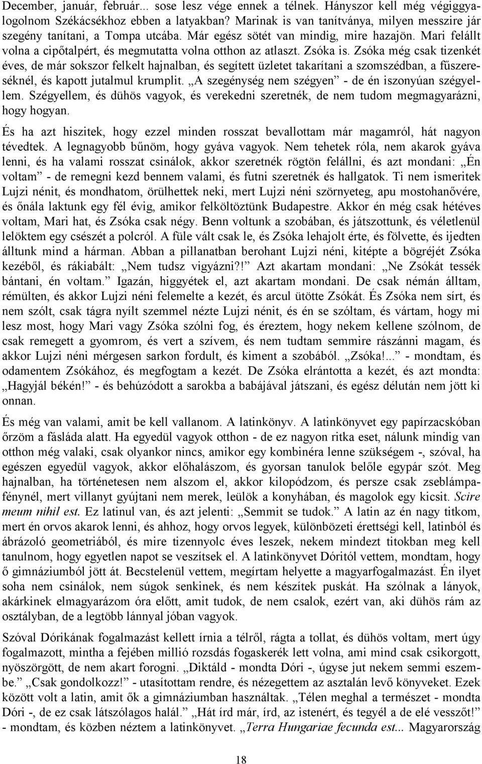 Zsóka is. Zsóka még csak tizenkét éves, de már sokszor felkelt hajnalban, és segített üzletet takarítani a szomszédban, a fűszereséknél, és kapott jutalmul krumplit.