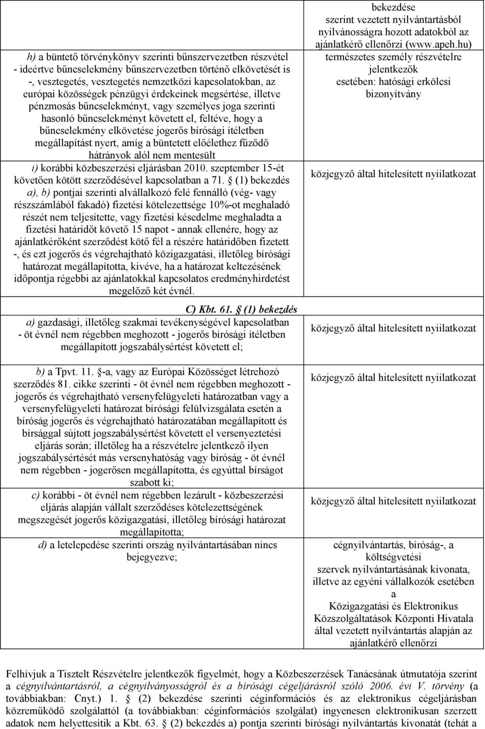 ítéletben megállapítást nyert, amíg a büntetett előélethez fűződő hátrányok alól nem mentesült i) korábbi közbeszerzési eljárásban 2010.