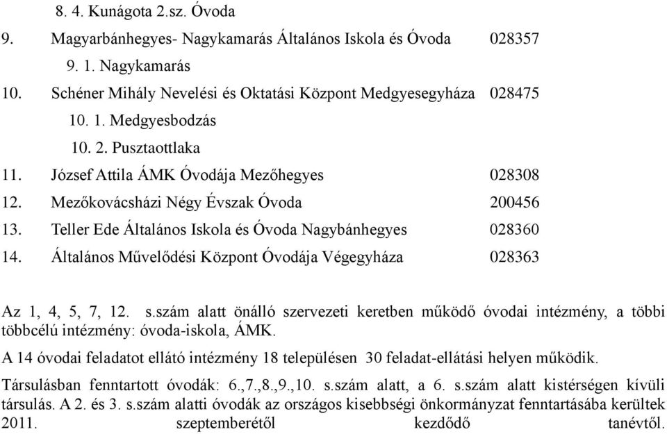 Általános Művelődési Központ Óvodája Végegyháza 028363 Az 1, 4, 5, 7, 12. s.szám alatt önálló szervezeti keretben működő óvodai intézmény, a többi többcélú intézmény: óvoda-iskola, ÁMK.