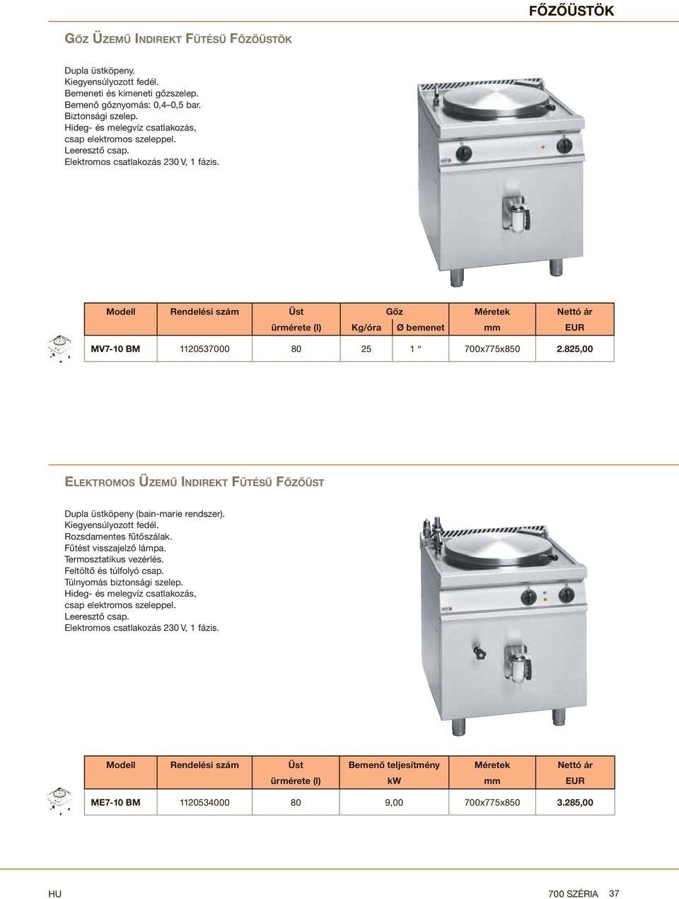 Modell Rendelési szám Üst Gőz Méretek Nettó ár ürmérete (l) Kg/óra Ø bemenet mm EUR MV7-10 BM 1120537000 80 25 1 700x775x850 2.