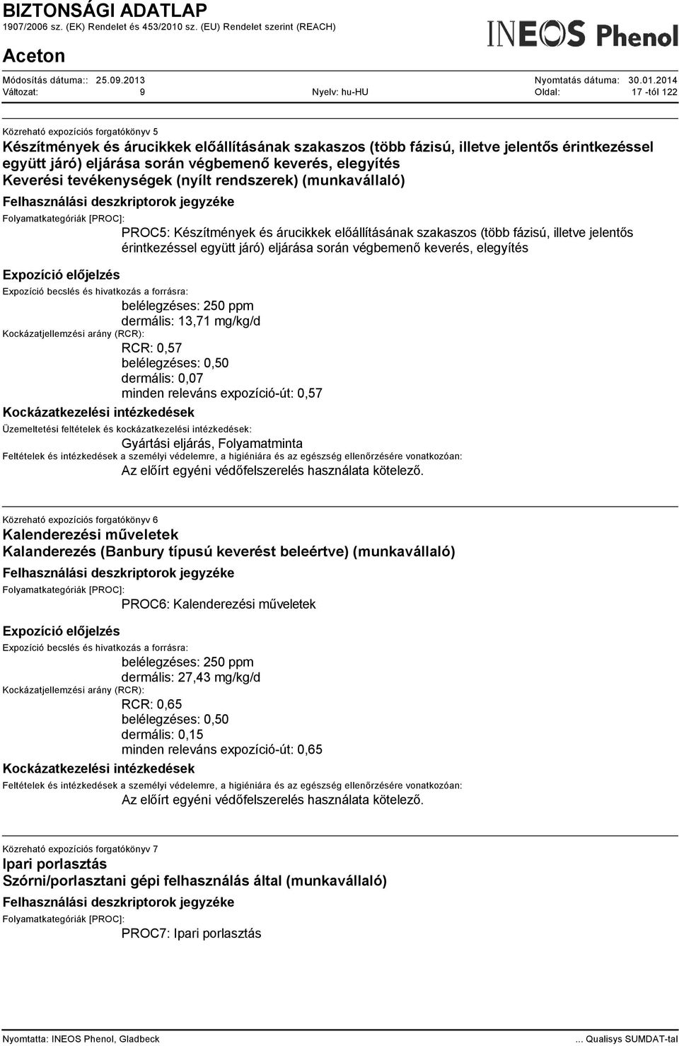 együtt járó) eljárása során végbemenő keverés, elegyítés belélegzéses: 250 ppm dermális: 13,71 mg/kg/d RCR: 0,57 belélegzéses: 0,50 dermális: 0,07 minden releváns expozíció-út: 0,57 Gyártási eljárás,