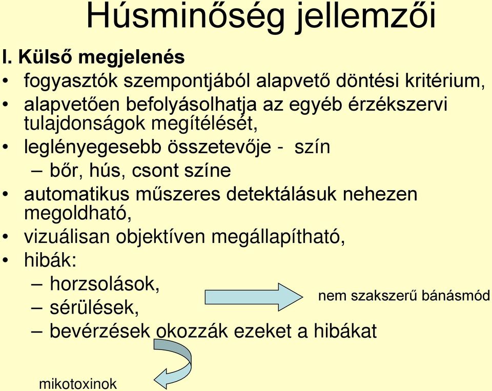 egyéb érzékszervi tulajdonságok megítélését, leglényegesebb összetevője - szín bőr, hús, csont színe