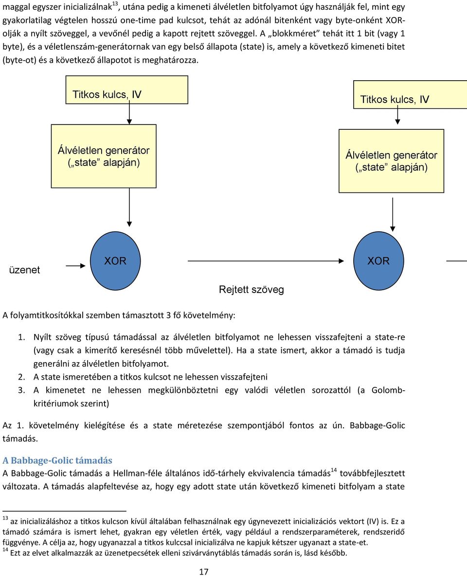 A blokkméret tehát itt 1 bit (vagy 1 byte), é a véletlenzám-generátornak van egy belő állapota (tate) i, amely a következő kimeneti bitet (byte-ot) é a következő állapotot i meghatározza.