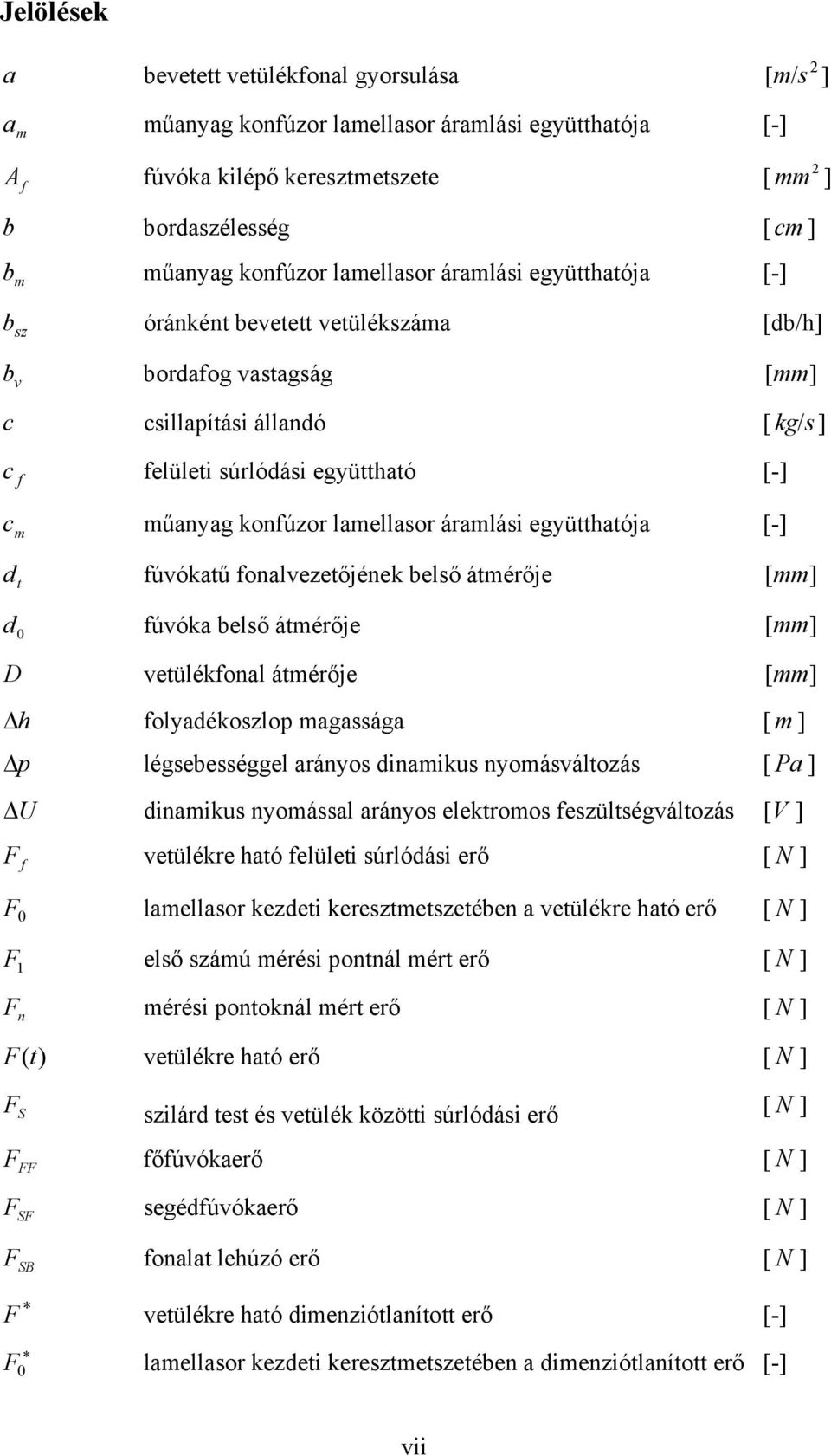 konfúzor lamellasor áramlási együtthatója [-] d t fúvókatű fonalvezetőjének belső átmérője [mm] d fúvóka belső átmérője [mm] D vetülékfonal átmérője [mm] Δ h folyadékoszlop magassága [ m ] Δ p