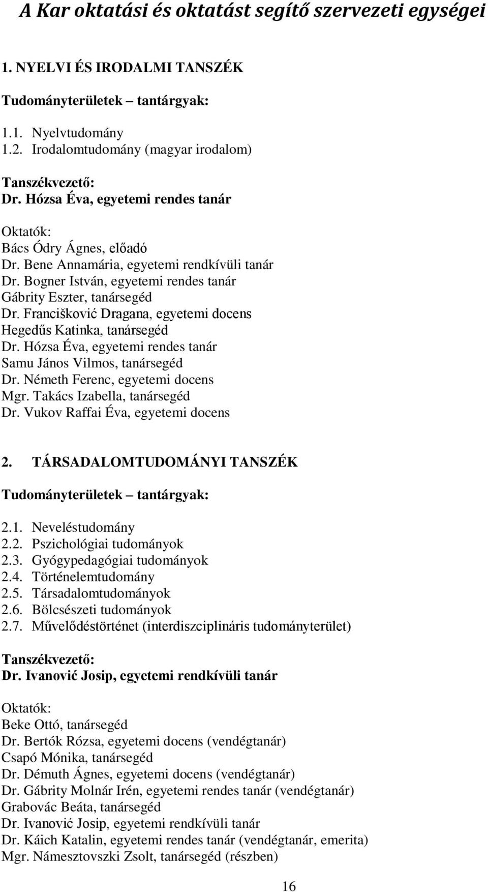 Francišković Dragana, egyetemi docens Hegedűs Katinka, tanársegéd Dr. Hózsa Éva, egyetemi rendes tanár Samu János Vilmos, tanársegéd Dr. Németh Ferenc, egyetemi docens Mgr.