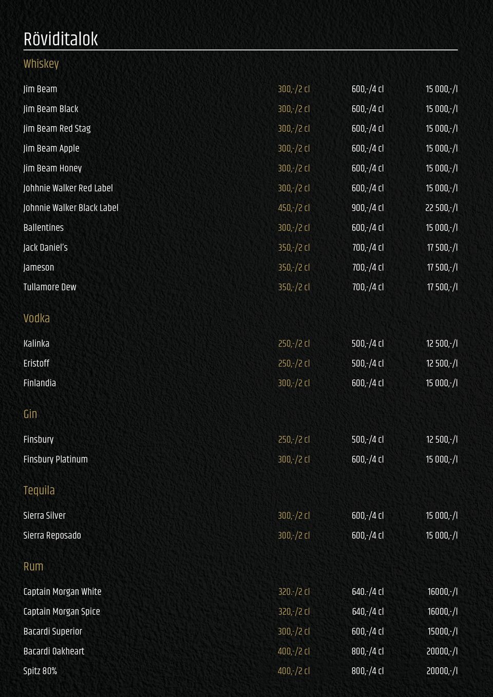 Eristoff 250,-/2 cl 500,-/4 cl 12 500,-/l Finlandia Finsbury 250,-/2 cl 500,-/4 cl 12 500,-/l Finsbury Platinum Sierra Silver Sierra Reposado Captain Morgan White 320.-/2 cl 640.
