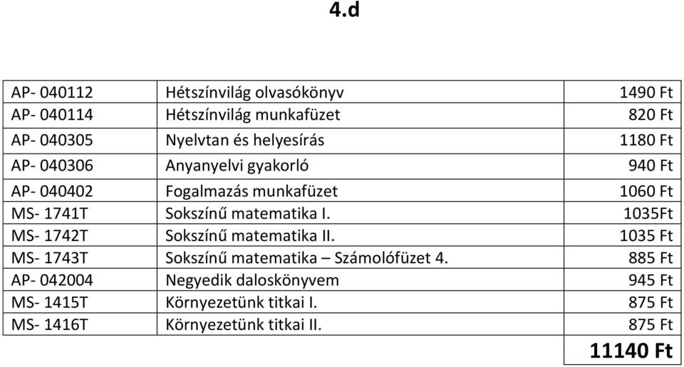 matematika I. 1035Ft MS- 1742T Sokszínű matematika II. 1035 Ft MS- 1743T Sokszínű matematika Számolófüzet 4.