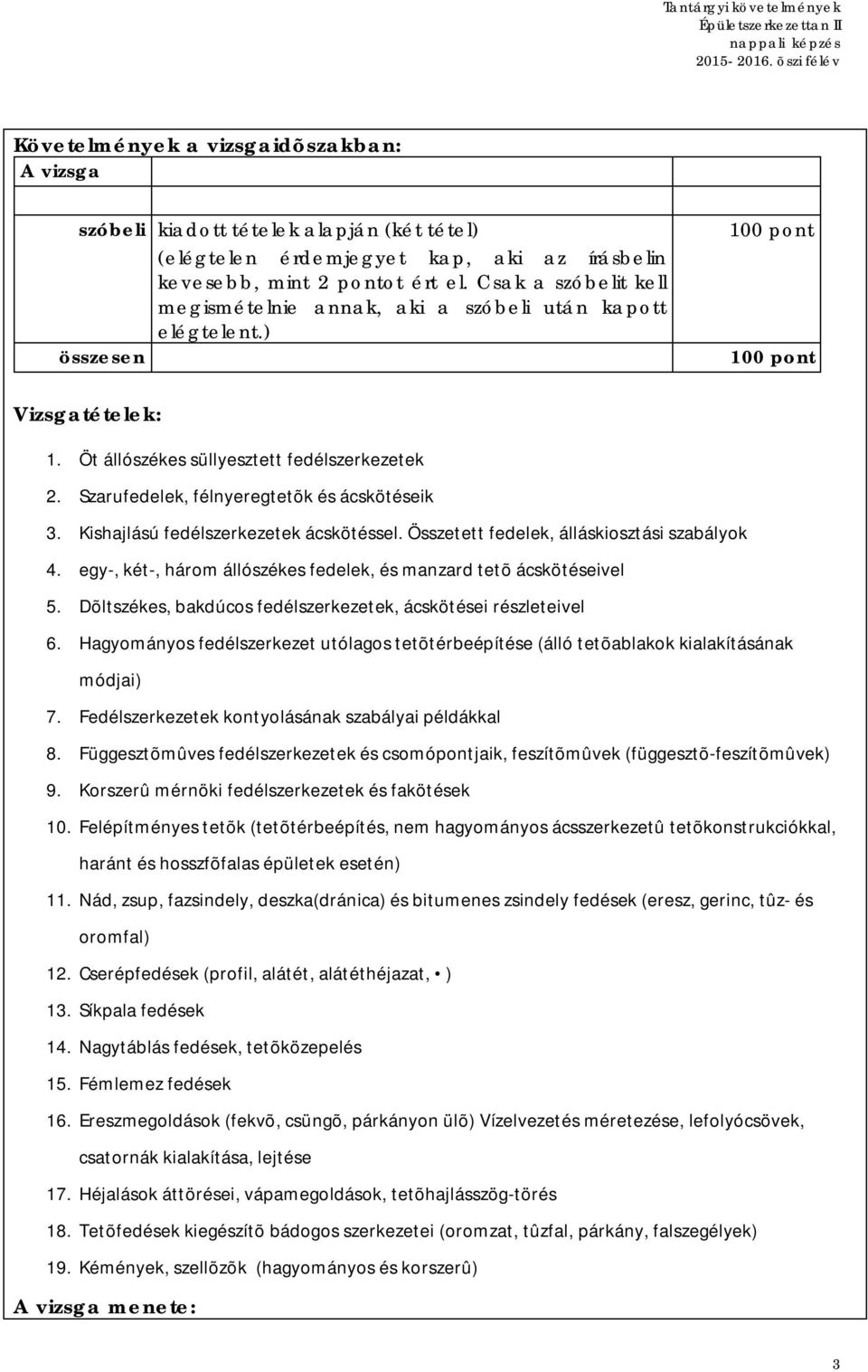 Szarufedelek, félnyeregtetõk és ácskötéseik 3. Kishajlású fedélszerkezetek ácskötéssel. Összetett fedelek, álláskiosztási szabályok 4.