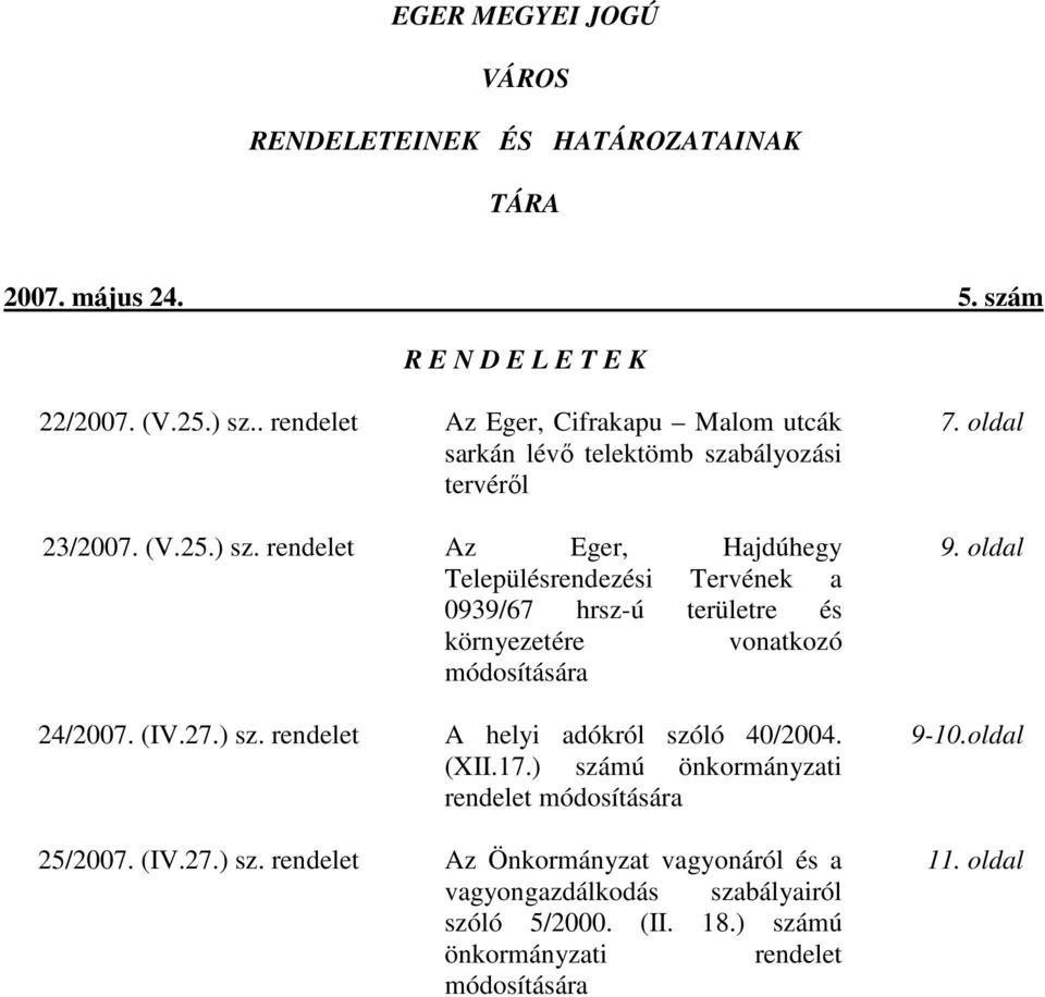 rendelet Az Eger, Hajdúhegy Településrendezési Tervének a 0939/67 hrsz-ú területre és környezetére vonatkozó módosítására 24/2007. (IV.27.) sz.