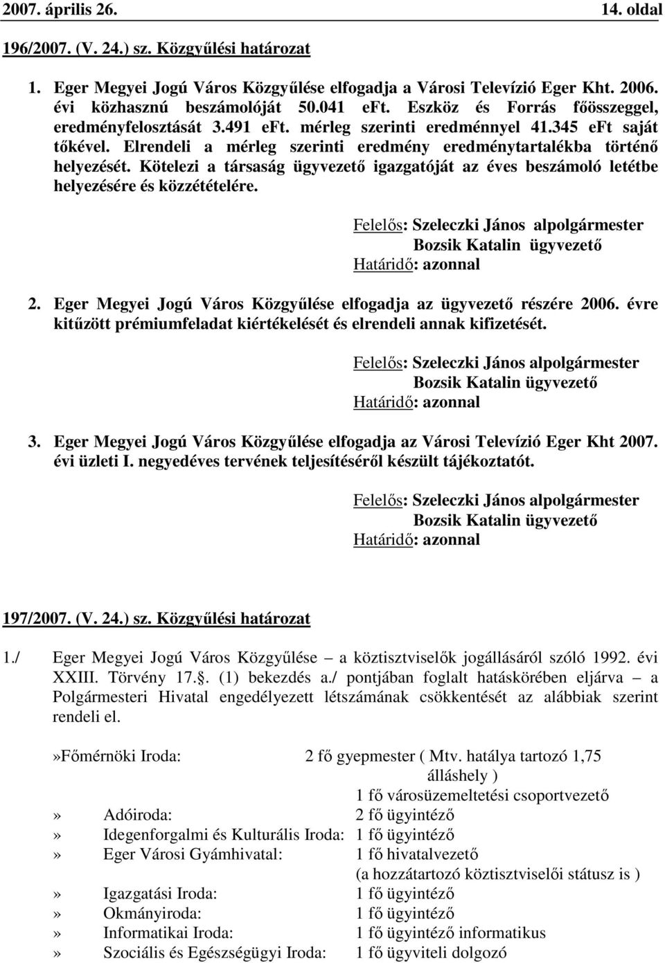 Kötelezi a társaság ügyvezető igazgatóját az éves beszámoló letétbe helyezésére és közzétételére. Felelős: Szeleczki János alpolgármester Bozsik Katalin ügyvezető 2.